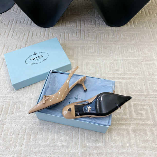 SLINGBACK PUMPS ATTACHED BOW IN BEIGE GLOSSY CALFSKIN