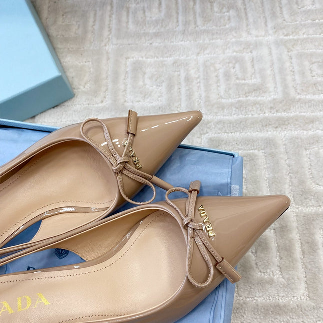 SLINGBACK PUMPS ATTACHED BOW IN BEIGE GLOSSY CALFSKIN