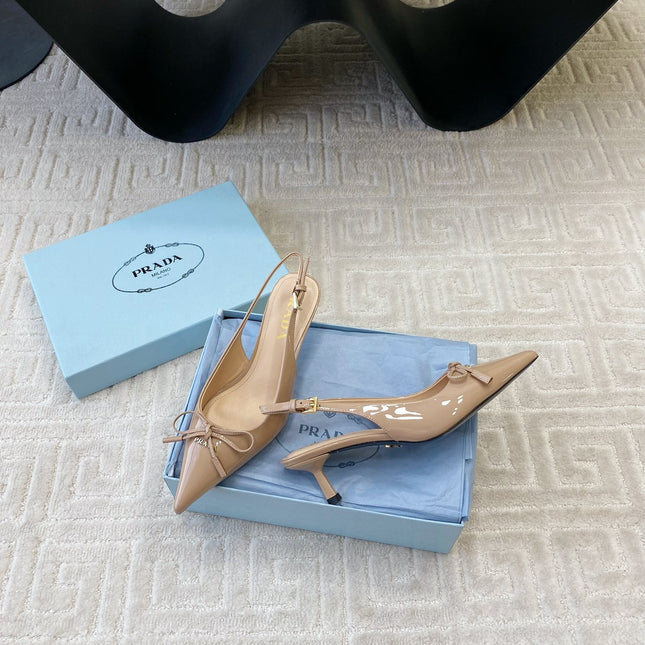 SLINGBACK PUMPS ATTACHED BOW IN BEIGE GLOSSY CALFSKIN
