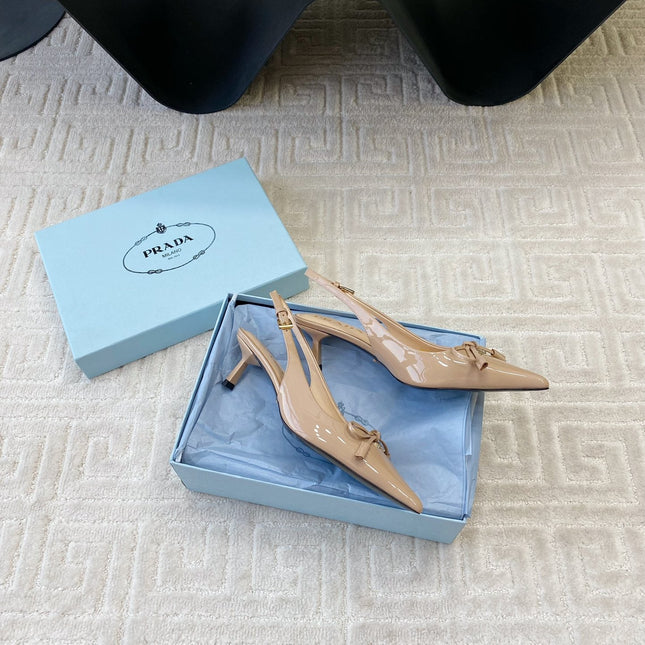 SLINGBACK PUMPS ATTACHED BOW IN BEIGE GLOSSY CALFSKIN