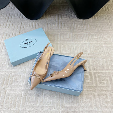 SLINGBACK PUMPS ATTACHED BOW IN BEIGE GLOSSY CALFSKIN
