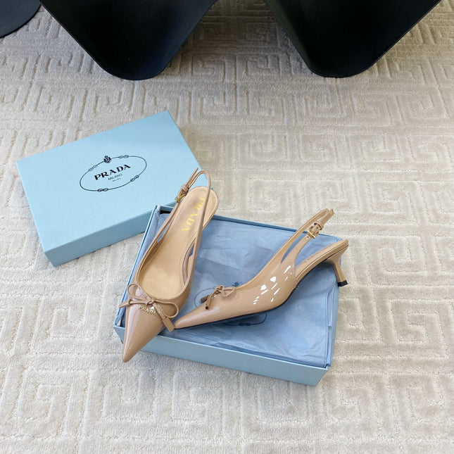 SLINGBACK PUMPS ATTACHED BOW IN BEIGE GLOSSY CALFSKIN