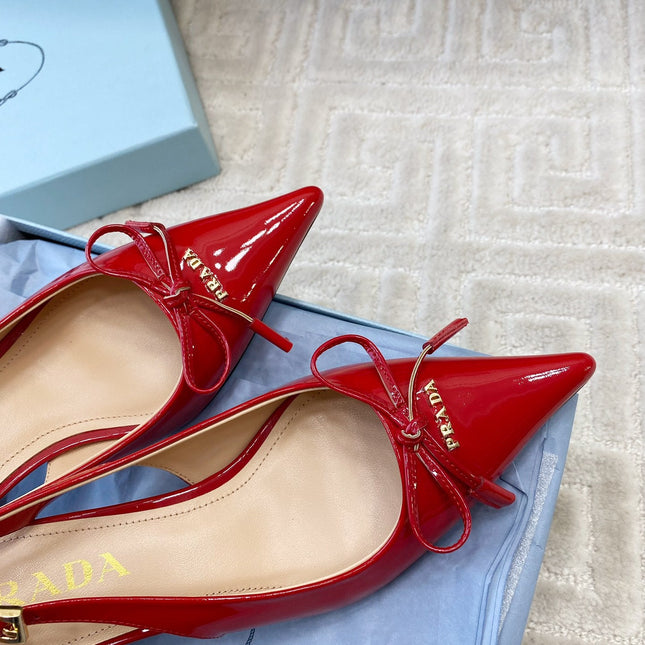 SLINGBACK PUMPS ATTACHED BOW IN PASSION RED GLOSSY CALFSKIN