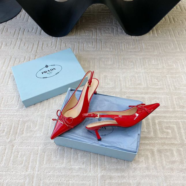 SLINGBACK PUMPS ATTACHED BOW IN PASSION RED GLOSSY CALFSKIN