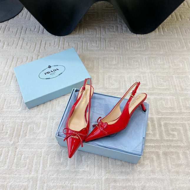 SLINGBACK PUMPS ATTACHED BOW IN PASSION RED GLOSSY CALFSKIN