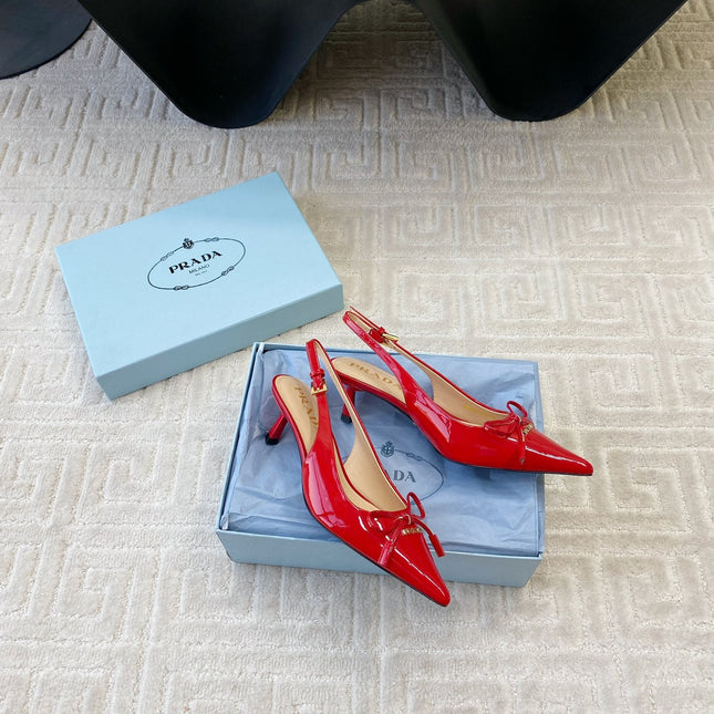 SLINGBACK PUMPS ATTACHED BOW IN PASSION RED GLOSSY CALFSKIN