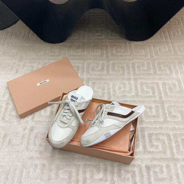 SNEAKER MULES IN WHITE MESH AND BEIGE SUEDE