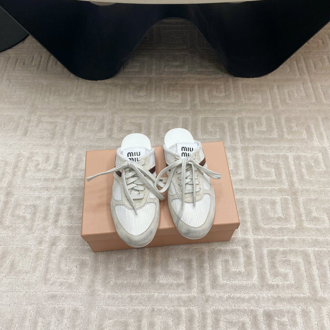 SNEAKER MULES IN WHITE MESH AND BEIGE SUEDE