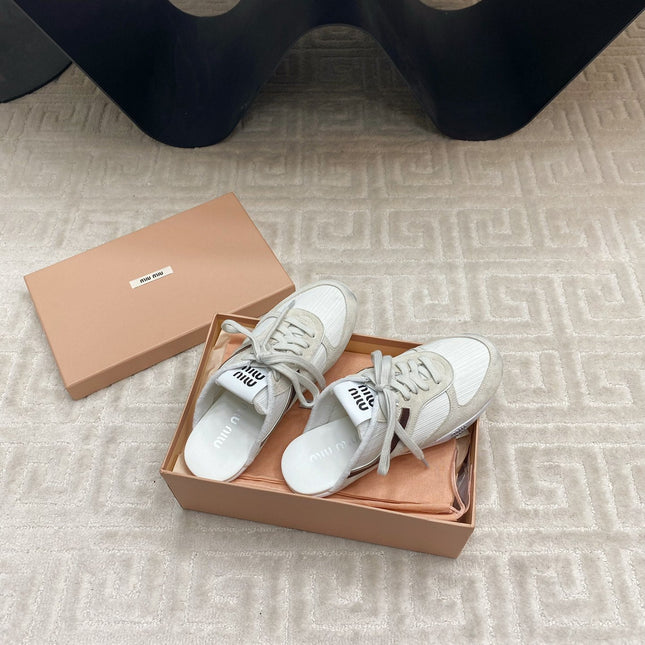 SNEAKER MULES IN WHITE MESH AND BEIGE SUEDE