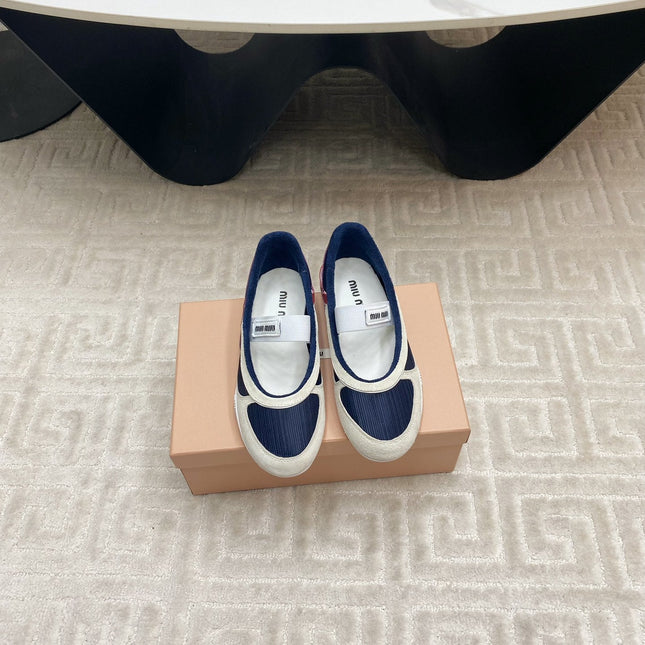 BALLET FLAT SHOES IN NAVY MESH AND WHITE SUEDE