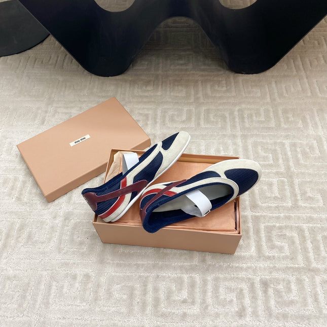 BALLET FLAT SHOES IN NAVY MESH AND WHITE SUEDE