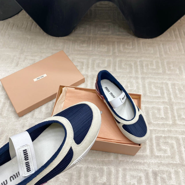 BALLET FLAT SHOES IN NAVY MESH AND WHITE SUEDE