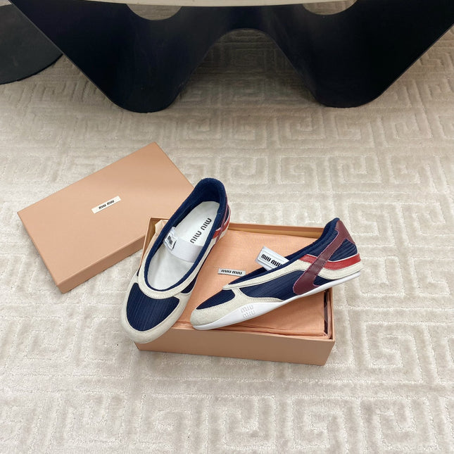 BALLET FLAT SHOES IN NAVY MESH AND WHITE SUEDE