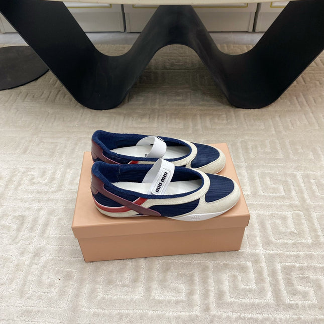 BALLET FLAT SHOES IN NAVY MESH AND WHITE SUEDE
