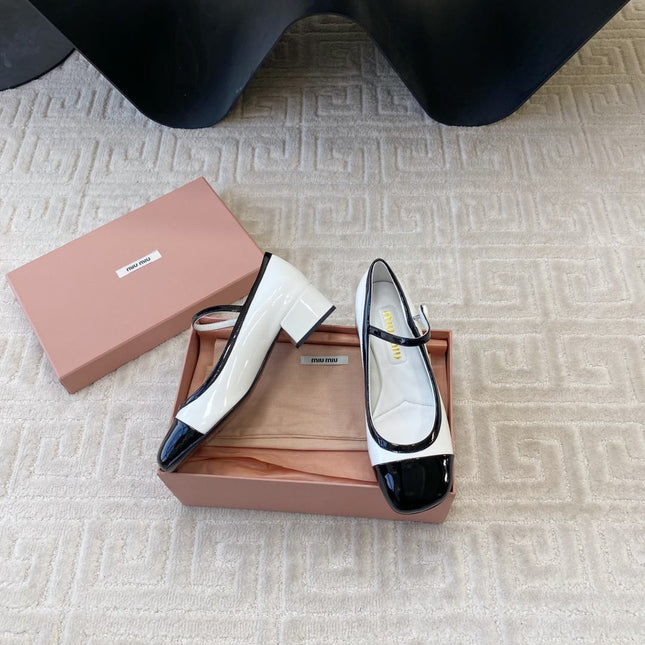 MARY JANE PUMPS IN BLACK MIX WHITE GLOSSY SHEEPSKIN