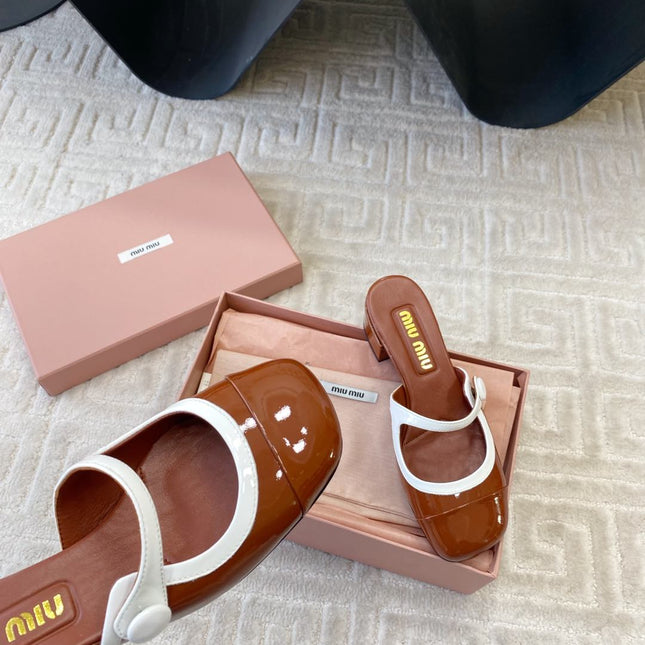 MARY JANE MULE PUMPS IN RED BROWN GLOSSY SHEEPSKIN