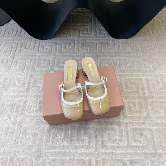 MARY JANE MULE PUMPS IN BEIGE GLOSSY SHEEPSKIN