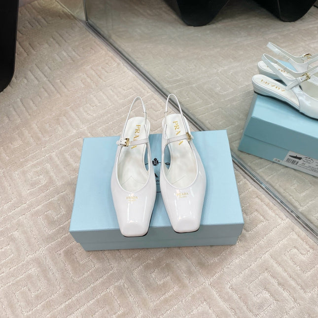 MARY JANE SLINGBACK SQUARE TOE IN WHITE PATENT SHEEPSKIN