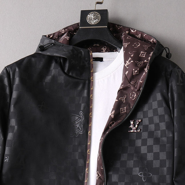 LV HOODED JACKET IN BLACK DAMIER AND BROWN TRIM 239036