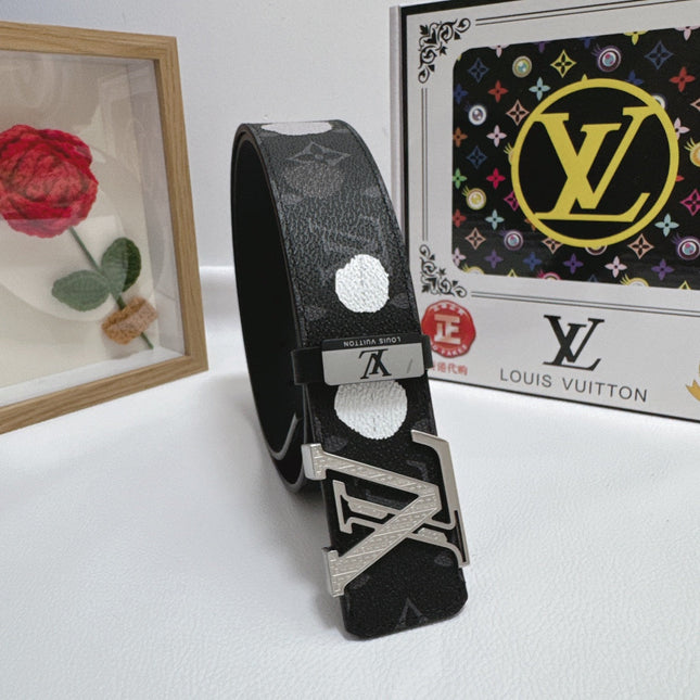BELT 38MM IN BLACK CALFSKIN WITH WHITE POLKA DOT PATTERN AND 24K GOLD PLATED SILVER STEEL BUCKLE
