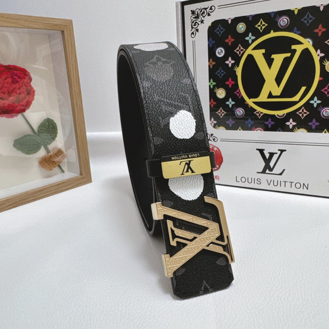 BELT 38MM IN BLACK CALFSKIN WITH WHITE POLKA DOT PATTERN AND 24K GOLD PLATED STEEL BUCKLE