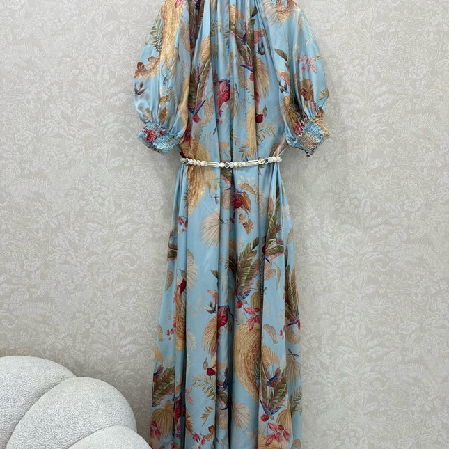 ZIMMERMANN PUFF-SLEEVE FLORAL FEATHER SILK DRESS 275074