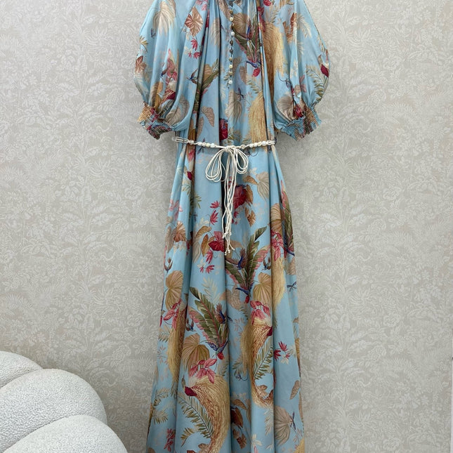 ZIMMERMANN PUFF-SLEEVE FLORAL FEATHER SILK DRESS 275074