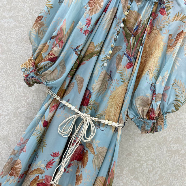 ZIMMERMANN PUFF-SLEEVE FLORAL FEATHER SILK DRESS 275074