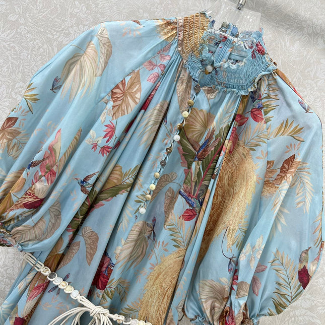 ZIMMERMANN PUFF-SLEEVE FLORAL FEATHER SILK DRESS 275074