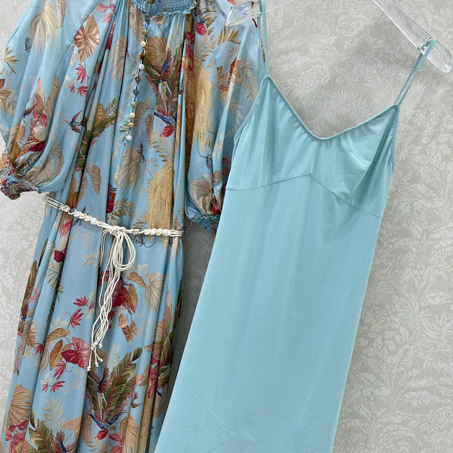 ZIMMERMANN PUFF-SLEEVE FLORAL FEATHER SILK DRESS 275074