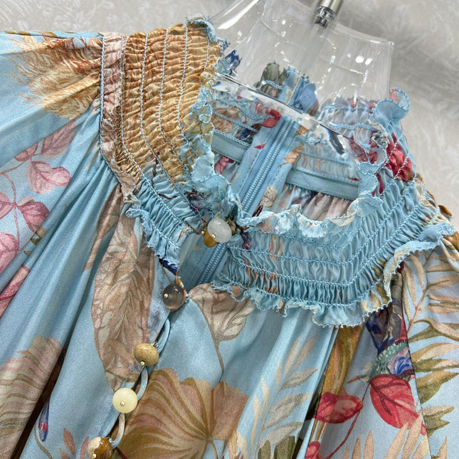 ZIMMERMANN PUFF-SLEEVE FLORAL FEATHER SILK DRESS 275074