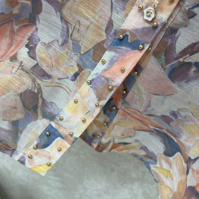 ZIMMER STAND-COLLAR PRINTED STUDDED TOP AND HIGH-WAIST FLARED SKIRT SET