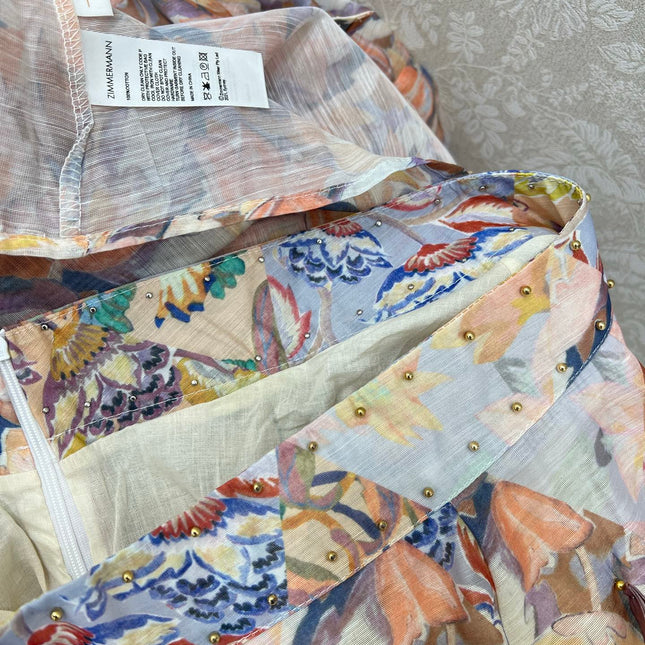 ZIMMER STAND-COLLAR PRINTED STUDDED TOP AND HIGH-WAIST FLARED SKIRT SET