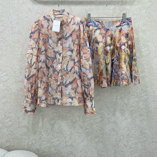 ZIMMER STAND-COLLAR PRINTED STUDDED TOP AND HIGH-WAIST FLARED SKIRT SET