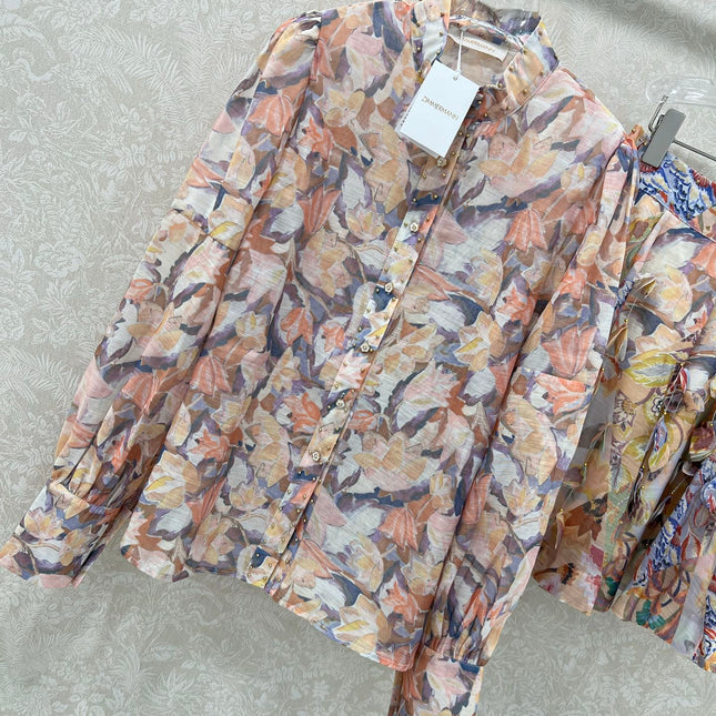 ZIMMER STAND-COLLAR PRINTED STUDDED TOP AND HIGH-WAIST FLARED SKIRT SET