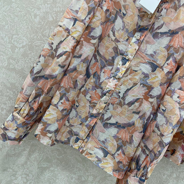 ZIMMER STAND-COLLAR PRINTED STUDDED TOP AND HIGH-WAIST FLARED SKIRT SET