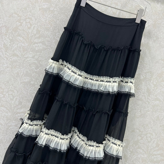 DIOR BLACK RUFFLED SKIRT WITH PEARL EMBELLISHMENTS