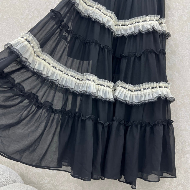 DIOR BLACK RUFFLED SKIRT WITH PEARL EMBELLISHMENTS