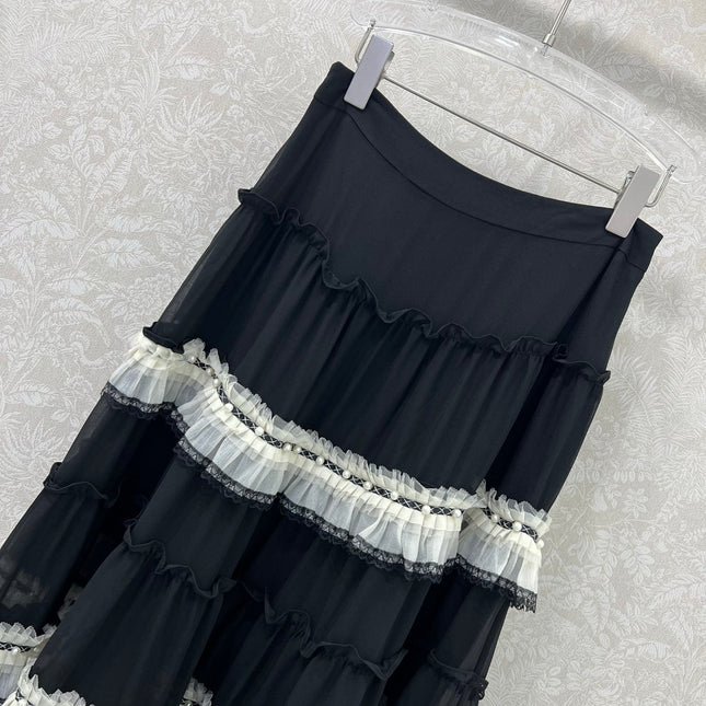 DIOR BLACK RUFFLED SKIRT WITH PEARL EMBELLISHMENTS