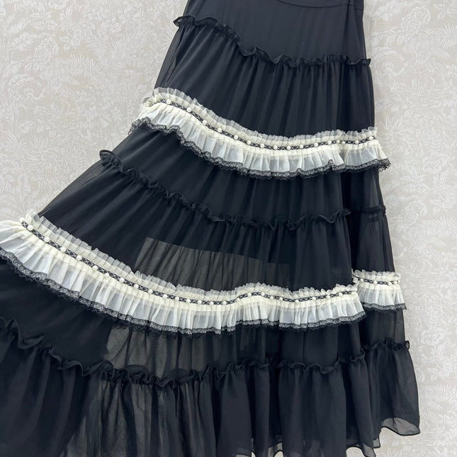 DIOR BLACK RUFFLED SKIRT WITH PEARL EMBELLISHMENTS