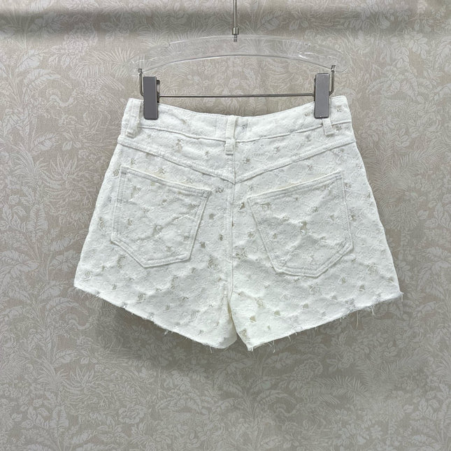 CHANEL LACE-TRIMMED DENIM SHORTS 275066