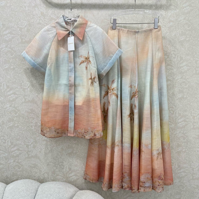 ZIMMERMANN SHORT-SLEEVE SHIRT AND HIGH-WAIST MAXI SKIRT SET 275079