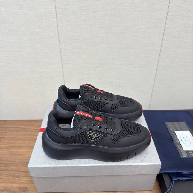 PRADA 25S SPORTY STYLE MEN SNEAKERS LOGO 45MM IN BLACK AND RED CALFSKIN
