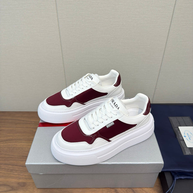 PRADA 25S DOWNTOWN BOLD SNEAKERS 45MM IN WHITE AND BURGUNDY CALFSKIN