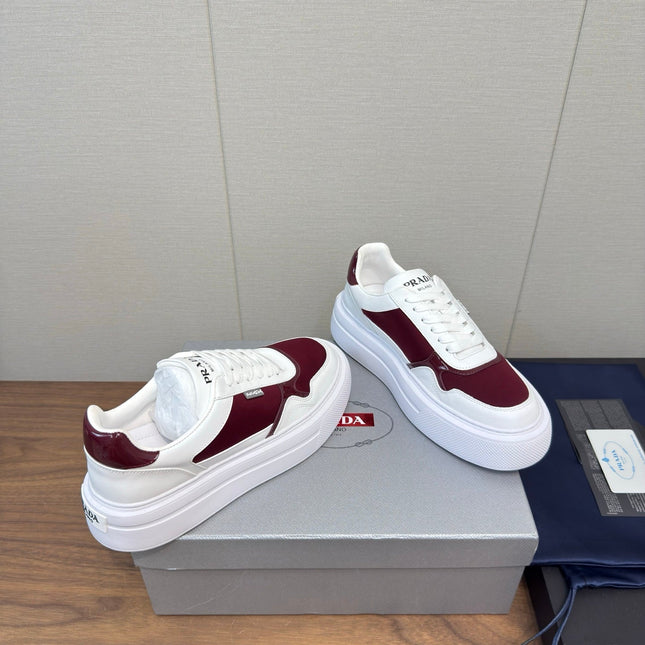 PRADA 25S DOWNTOWN BOLD SNEAKERS 45MM IN WHITE AND BURGUNDY CALFSKIN