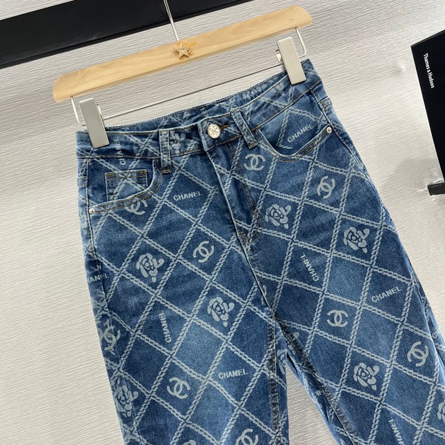 CHANEL FLARED JEANS WITH LOGO PRINT 263984