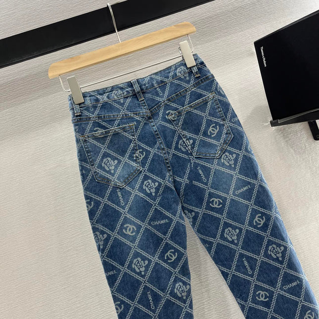 CHANEL FLARED JEANS WITH LOGO PRINT 263984