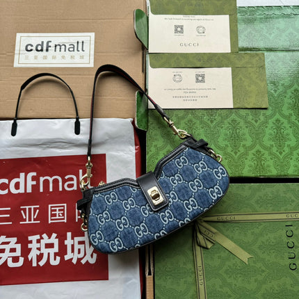 MOON SIDE SHOULDER BAG 24 IN BLUE EMBOSSED DENIM AND BLACK CALFSKIN TRIM GOLD HARDWARE