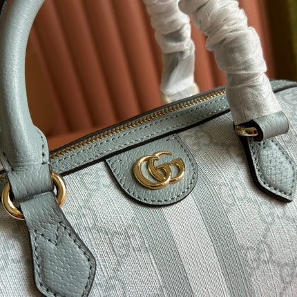 OPHIDIA TOP HANDLE BAG 21 IN GREY-GREEN MONOGRAM CANVAS AND CALFSKIN TRIM GOLD HARDWARE