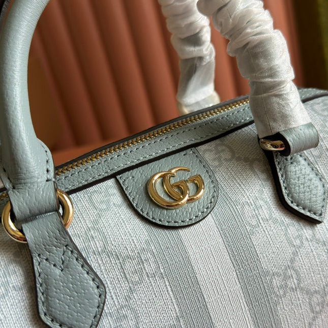 OPHIDIA TOP HANDLE BAG 21 IN GREY-GREEN MONOGRAM CANVAS AND CALFSKIN TRIM GOLD HARDWARE